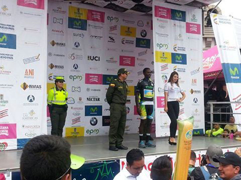 Hakizimana being recongnzied as the best combative attacker during Stage 7 at Tour of Colombia. (Courtesy)
