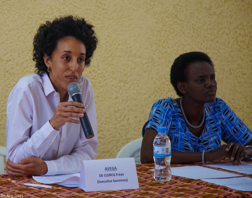 Executive Secretary of AVEGA Freya De Clercq briefs journalists as Mukabayire looks on. (T. Kamanzi)
