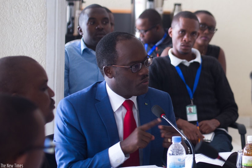 Fidele Ndayisaba, the executive secretary of the National Unity and Reconciliation Commission, speaks to members of NFPO during the meeting. (Timothy Kisambira)