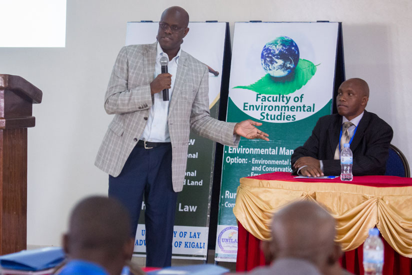 Dr Felicien Usengumukiza, an official from RGB, speaking during the meeting on Thursday in Kigali. (Timothy Kisambira)