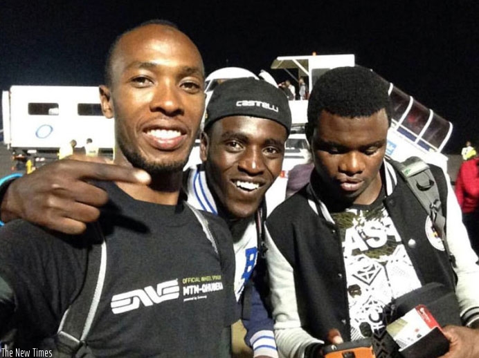 L-R: Adrien Niyonshuti, Ndayisenga and  Uwizeyimana are teammates at Team Dimension Data. (Courtesy)