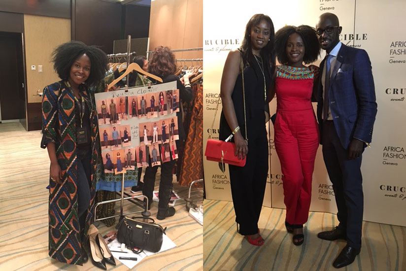 L: Umutoniwase, backstage at the Africa Fashion Show in Geneva. R: Umutoniwase with guests at the Africa Fashion Show. (Courtesy)