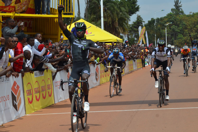 Bonaventure Uwizeyimana celebrates his victory in Huye during the race from Muhanga-Huye. (S. Ngendahimana)