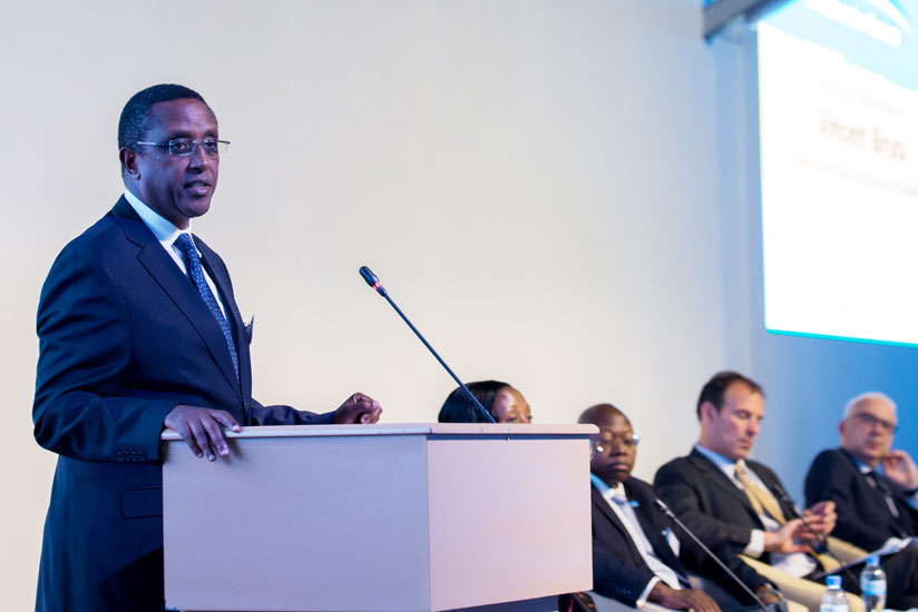 The Minister for Natural Resource, Dr Vincent Biruta, gives his opening remarks during the Africa Carbon Forum that opened in Kigali yesterday. (Timothy Kisambira)