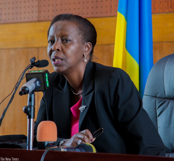 Foreign Affairs minister Louise Mushikiwabo speaks to the media earlier this month about the forthcoming AU Summit in Kigali. (Faustin Niyigena)