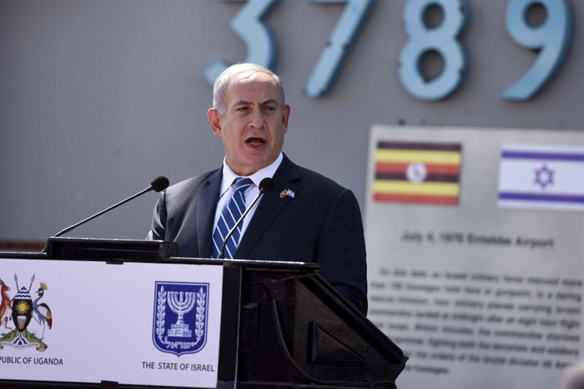Israel's PM Netanyahu gives his speech at Entebbe Airport, Uganda, yesterday. (Courtesy) 