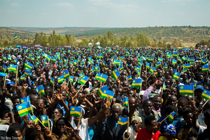 Residents of Bugesera welcome President Paul Kagame to Rweru for 22nd Liberation Day celebrations yesterday. (Timothy Kisambira)