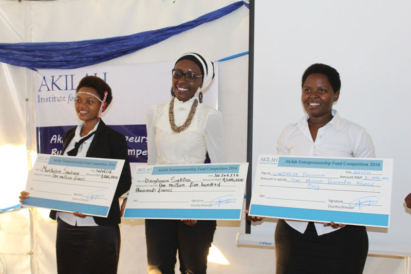 The winners of the competition, Susane Murekatete, Sakina Uwineza and Pascaline Uwineza. (Lydia Otieno)