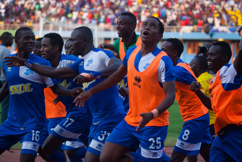 Rayon Sports players celebrate Ismailia Diarra's goal at Amahoro Stadium on Monday. (Nadege Imbabazi)
