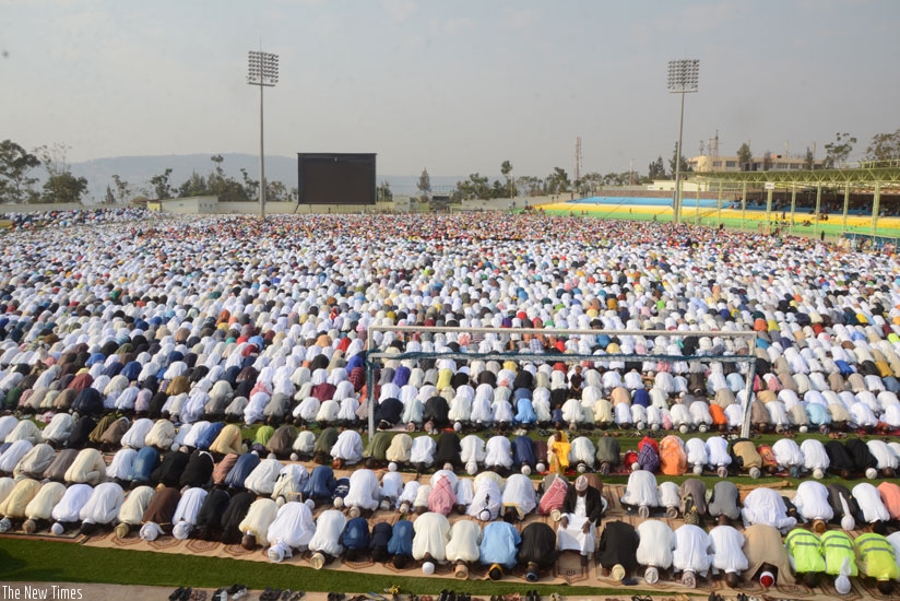 Muslims during Eid al-Fitr prayers at Kigali Regional Stadium in Nyamirambo, yesterday. (All photos by Nadege Imbabazi)