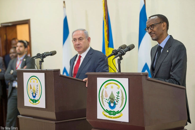 Kagame and Netanyahu address a joint news conference in Kigali yesterday. (Courtesy)