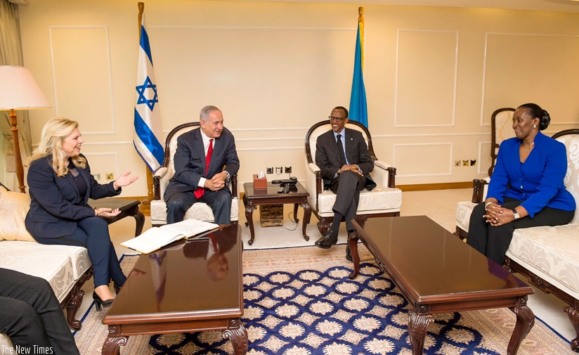 President Kagame and First Lady Jeannette Kagame host Israeli Prime Minister Benjamin Netanyahu and his wife Sara at Village Urugwiro in Kigali yesterday. (Village Urugwiro)