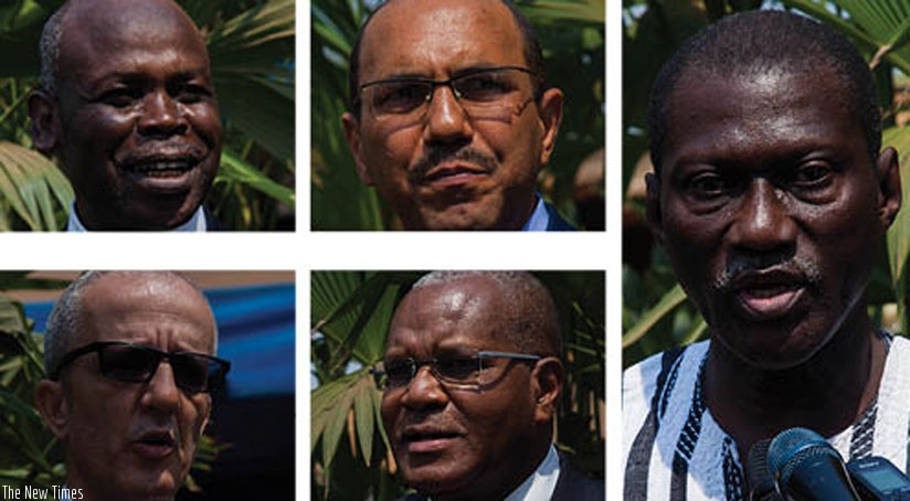 Amb. Mahajir of Chad (Top L), Amb Diamou of Mali (Top R), Amb. Boulahbel of Algeria (Bottom L), Amb. Nourrice of Seychelles (Bottom R) and Amb. Asamoah of Ghana (Far Right) are the five foreign envoys appointed by their respective nations to Rwanda.(Nadege Imbabazi)rnrnrnrn