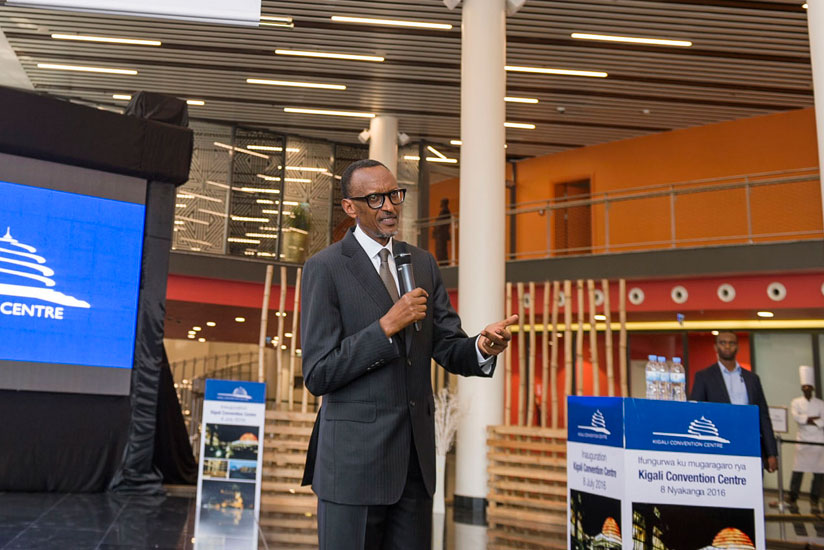 President Kagame speaks at the inauguration of the Kigali Convention Centre yesterday. The President said that true to Rwandan spirit, the Rwf223 billion project failed not once, or twice, but three times before it hit the perfect tonic and has been completed because Rwandans keep learning from their failures. (Village Urugwiro)