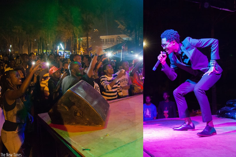 L: Fans take pictures during the performance at La Palisse Hotel Nyandungu on Friday. 
