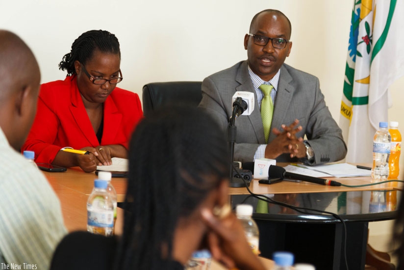 Minister Mukeshimana and PS Musabyimana (R) at the news conference in Kigali, yesterday. (T. Kamanzi.)