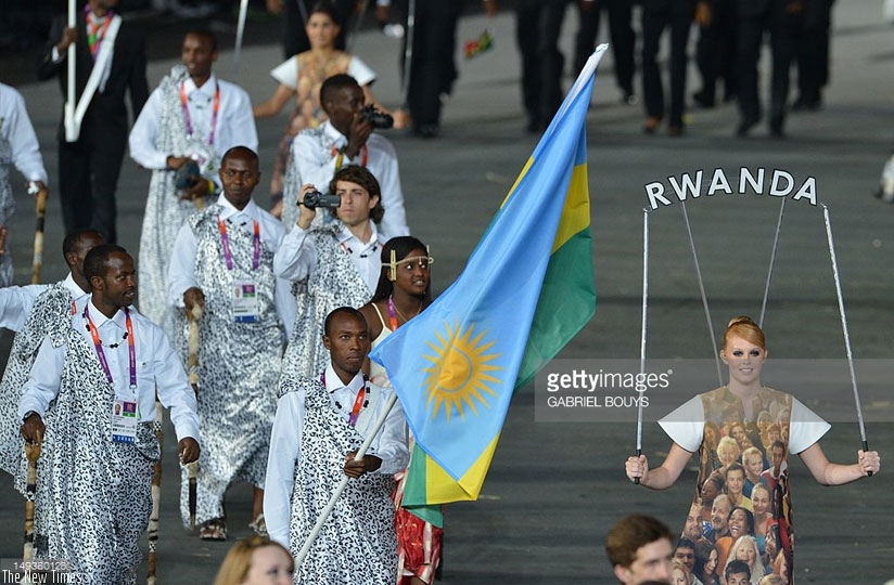 Adrien Niyonshuti (C) leads Rwanda delegation during the opening ceremony of the London 2012 Olympic Games. (Courtesy)