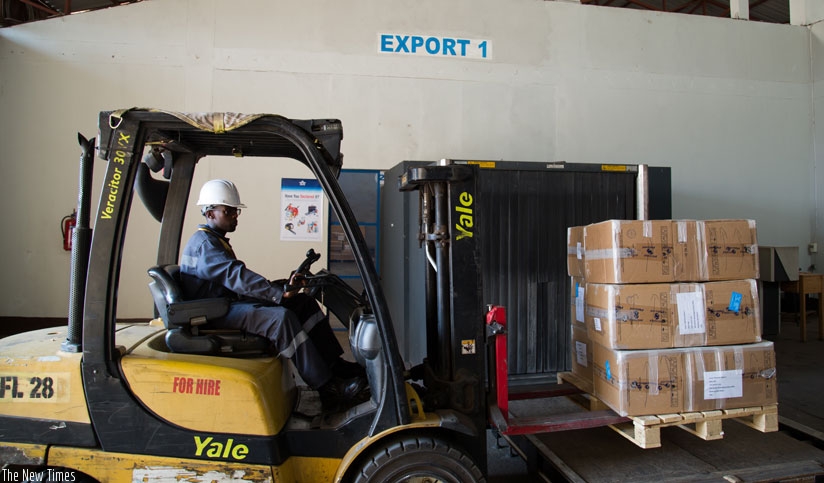 A cart loads exports at Kigali International Airport. (File)