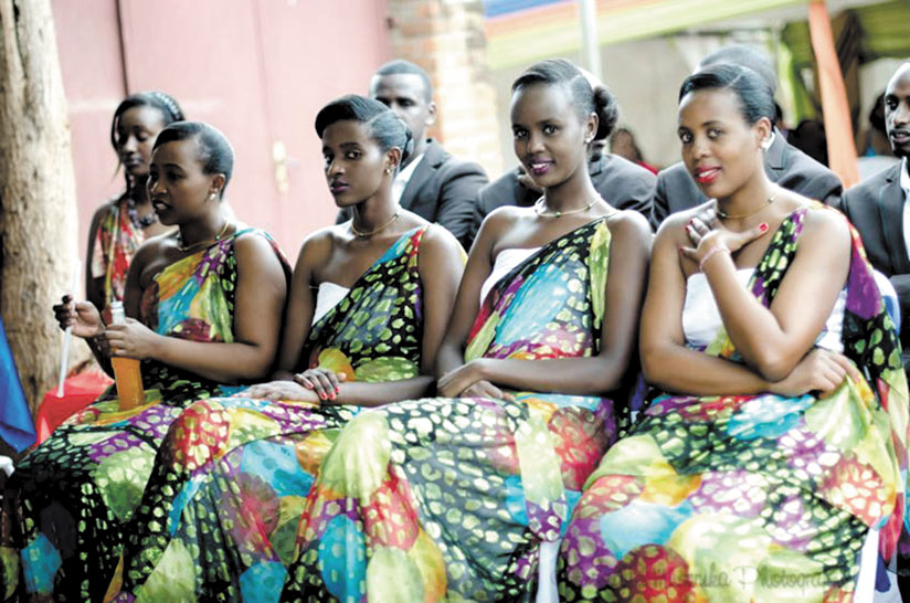 Beautiful Rwandan bridesmaids in their traditional Umushanana attire during a traditional wedding.