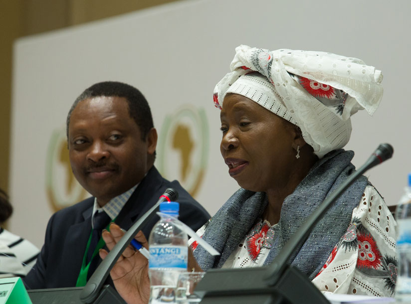 African Union  Commission chairperson Nkosazana Dlamini-Zuma speaks at the African Editors Forum, an event organised on the margins of the 27th AU Summit in Kigali, yesterday. looking on is Rwanda Governance Board chief executive Anastase Shyaka.  (Timothy Kisambira)