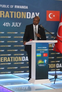 Ambassador Williams Nkurunziza addressing guests during Kwibohora22 celebrations at Atli Hotel, Ankara. / Courtesy.