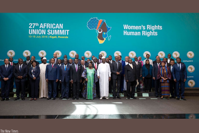 African Union Heads of State and Government and Union officials in a group photo at the opening of the 27th Ordinary Session of the AU Assembly in Kigali yesterday. / Village Urugwiro. 