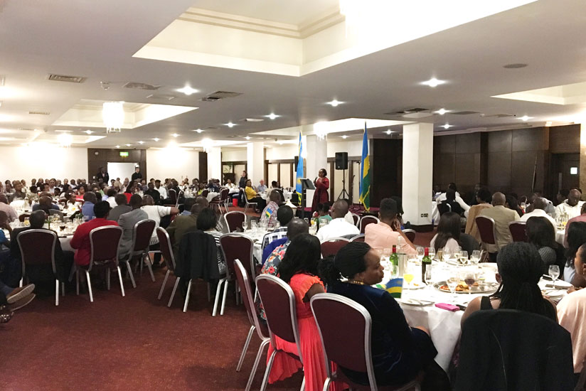 Amb. Karitanyi (standing) addresses Rwandans and friends of Rwanda during the Kwibohora event in North London, on Saturday. / Courtesy. 