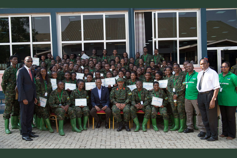President Kagame in a group photo with officials and graduates of the ninth edition of civic education training (Itorero) at Gabiro School of Infantry in the Eastern Province's Gatsibo District yesterday. The President urged the youth never to run away from playing their role in contributing toward the country's socio-economic development, saying it is never too late to contribute. He told the Intore that contributing starts with 'knowing who and what you want to be and doing it with purpose.' / Village Urugwiro.