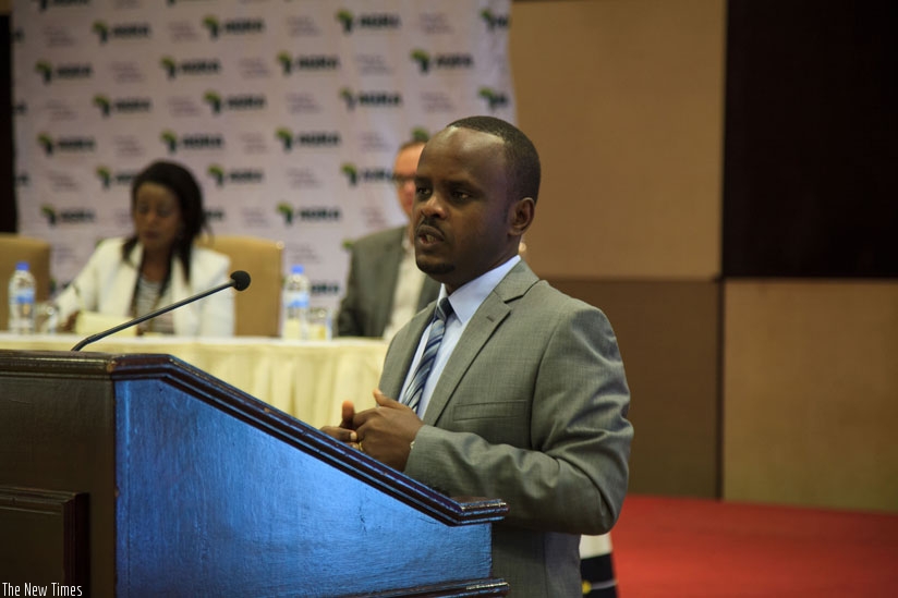 Nsanganira speaks during the meeting in Kigali on Tuesday. (Teddy Kamanzi)