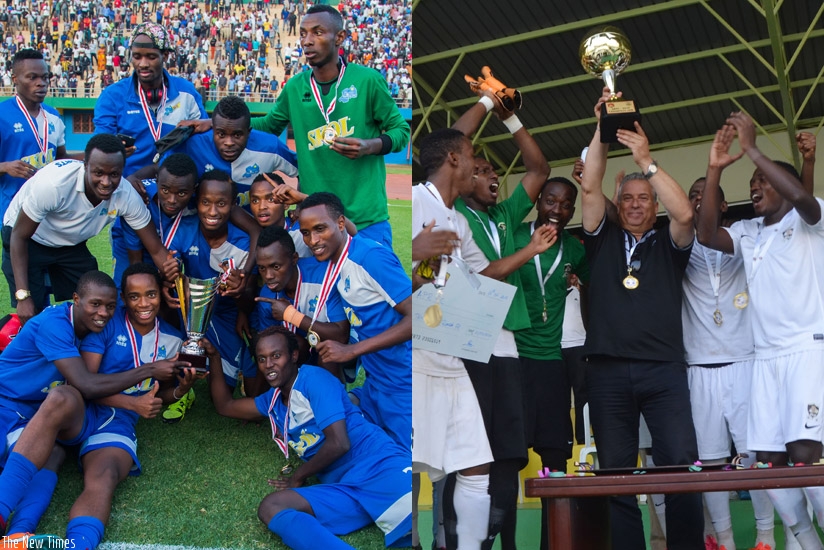 LEFT: Rayon Sports players celebrate the Peace Cup victory with the trophy after defeating APR FC 1-0 in the final at Amahoro Stadium on Monday. / Nadege Imbabazi. 