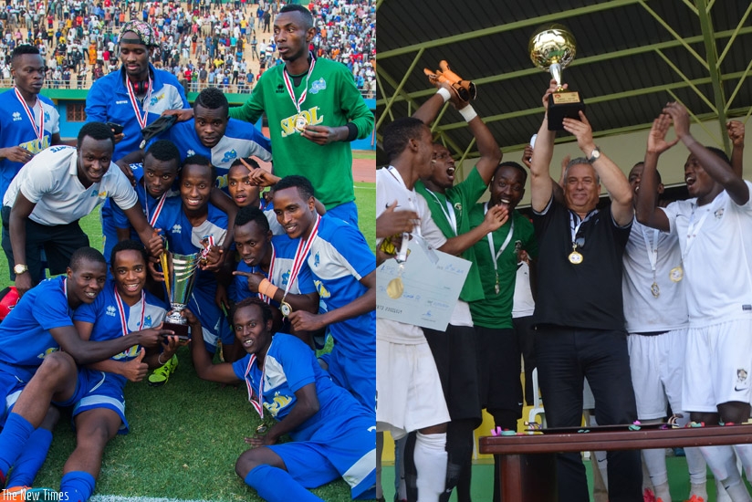 LEFT: Rayon Sports players celebrate the Peace Cup victory with the trophy after defeating APR FC 1-0 in the final at Amahoro Stadium on Monday. / Nadege Imbabazi. 