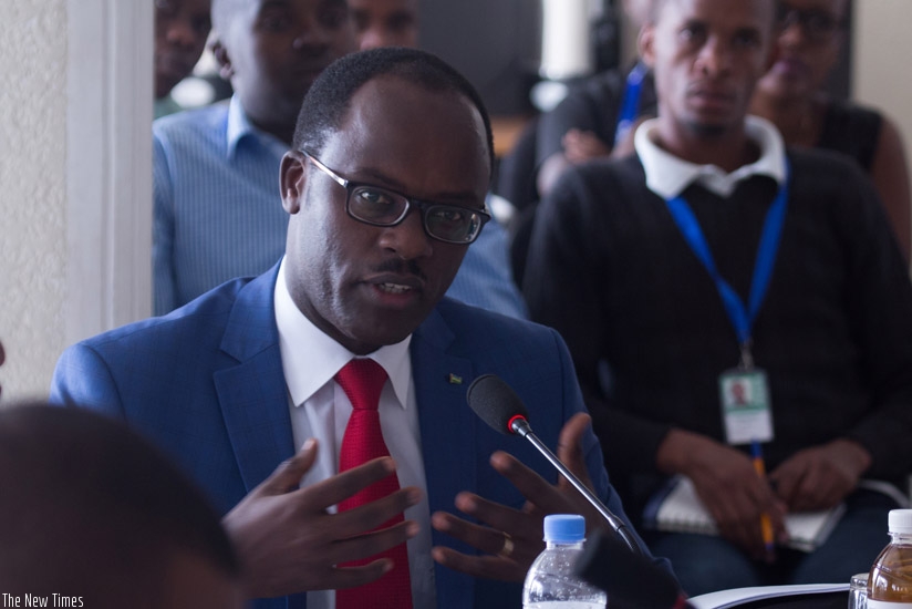 Ndayisaba speaks during the consultative meeting on Thursday. / Timothy Kisambira.