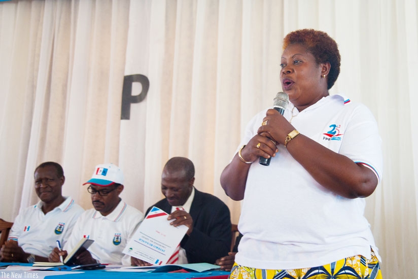 u200eMukangarambe shares her testimony during the general assembly of RPF members in Gisozi sector in Gasabo on Saturday. / Nadege Imbabazi.