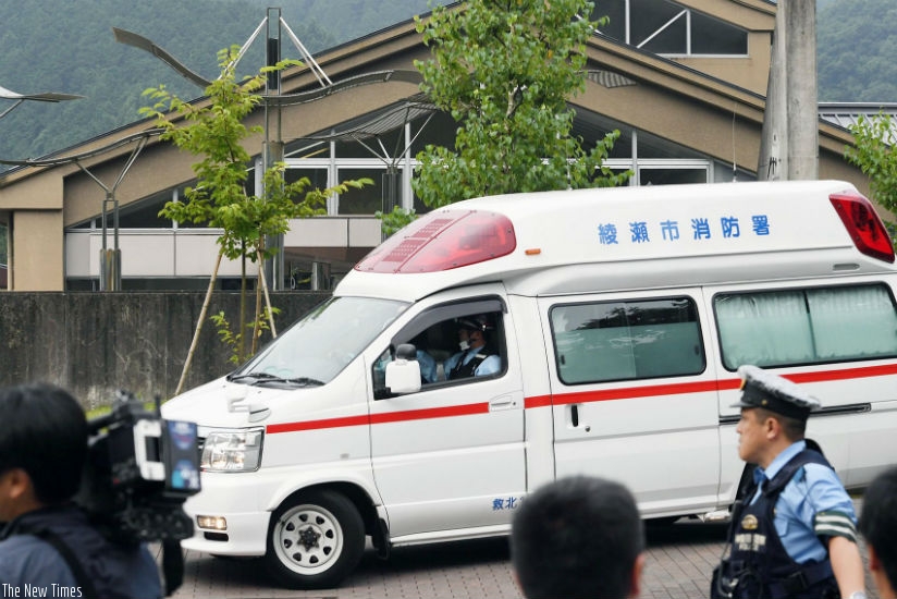 An ambulance outside the facility for disabled people where at least 15 people have been killed and dozens injured in a knife attack in Sagamihara, outside Tokyo. / AP