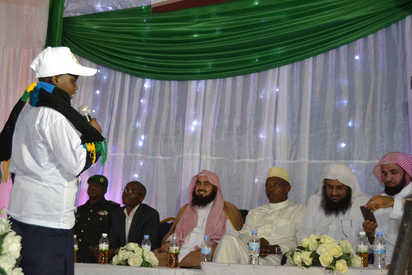 Murisho Habimana, 13, a primary six student from Nyanza District, citing Koran verses during the Gicumbi International Koranic Competition.  / Emmanuel Ntirenganya