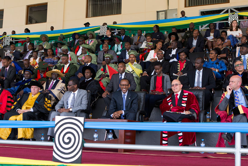 President Kagame and government and University of Rwanda officials during the varsity's third graduation ceremony at the Amahoro National Stadium in Kigali yesterday. / Village Urugwiro.