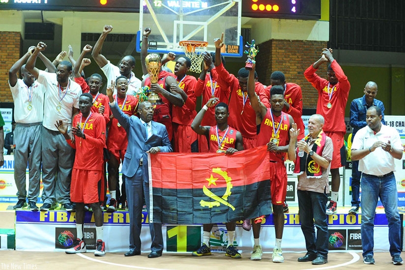 Angola U18 team celebrate after winning the 2016 FIBA U18 Africa Championship in Kigali last evening. / Courtesy.