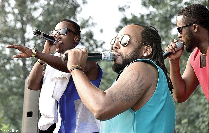 L-R: Urban Boyz's Nizzo, Jizzo and Safi perform in Rubavu. / Julius Bizimungu.