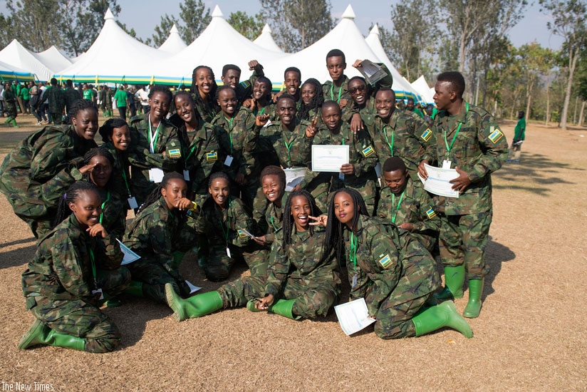 Students from the Diaspora pose for a group photo during the closing ceremony of Itorero Indangamirwa IX  in Gabiro District. (File)