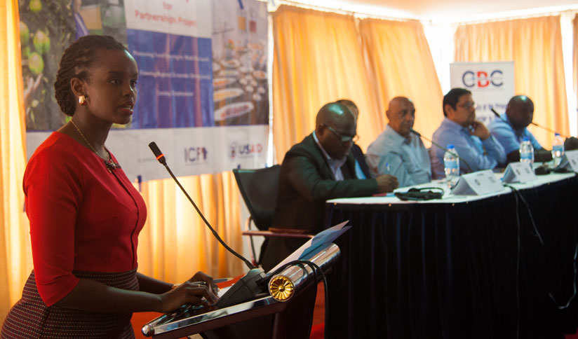 Sandra Uwera speaks during the launch of the new project that will link local producers with buyers across the country and the region. (All photos by Nadege Imbabazi)