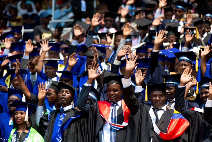 Graduands celebrate during the University of Rwanda graduation ceremony held in Kigali last Friday. / File photo.