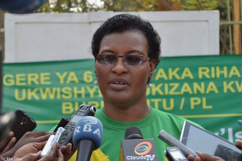 Mukabalisa speaks to the media after being elected new PL president on Sunday, in Kigali. (Courtesy)