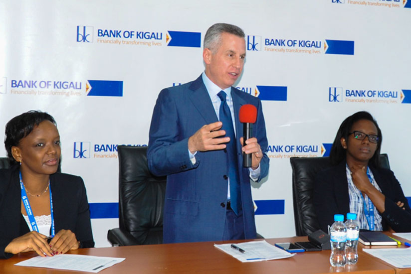 Mark Holtzman, the chairman board of governors of Bank of Kigali, addresses the media at the news conference yesterday. (Courtesy)