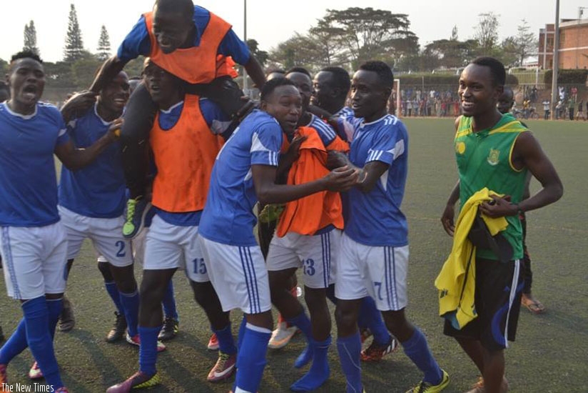 Pepiniere players celebrate after defeating Interforce 2-0 to qualify to the topflight league. (Courtesy)