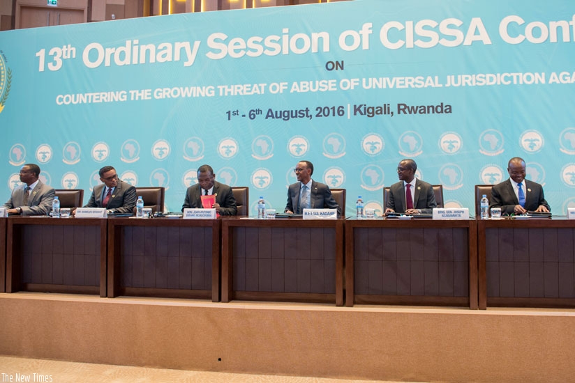 President Kagame and other security chiefs at the opening of the 13th Conference of the Committee of Intelligence in Kigali yesterday. (Village Urugwiro.)