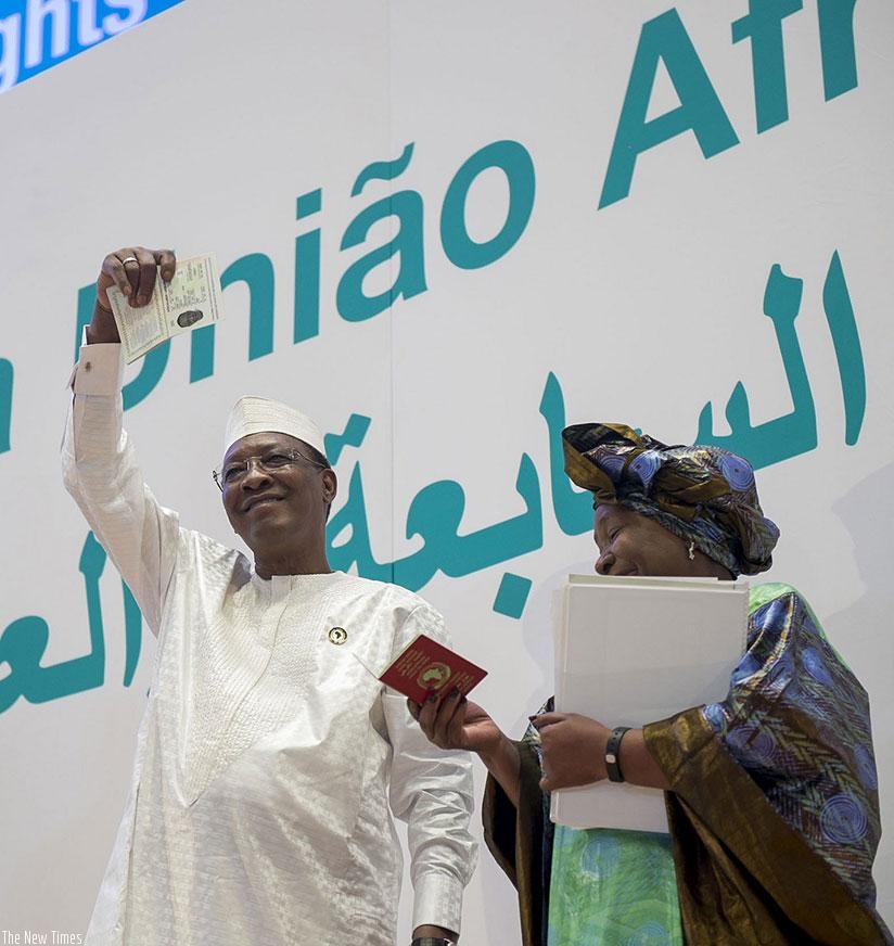 The Chairperson of the African Union, Chadian President Idris Deby and the AU Commission Chair, Nkosazana Dlamini-Zuma at the launch of the African Passport. / Courtesy.