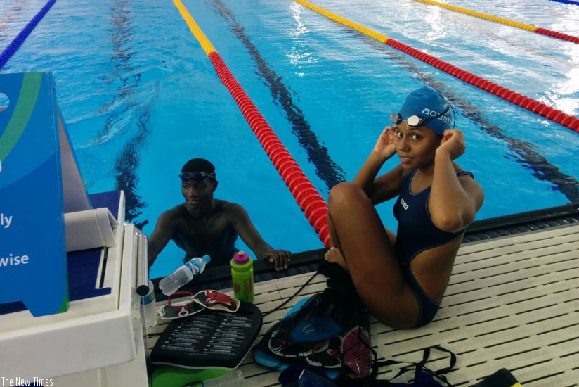 Rwandan swimmer Johannah Umurungi relaxes during a training session before she competed on Saturday. (Courtesy)