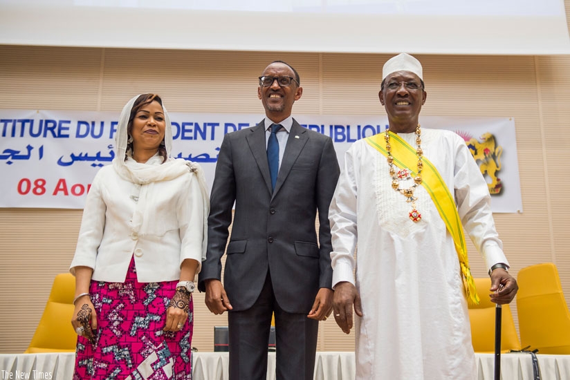 President  Paul Kagame with Chadian President and First Lady at the swearing in ceremony held in N'Djamena yesterday. / Village Urugwiro.