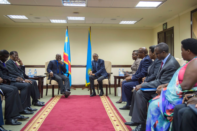 President Kagame and his Congolese counterpart Joseph Kabila during bilateral talks alongside officials from both countries in the border district of Rubavu yesterday. In a joint n....