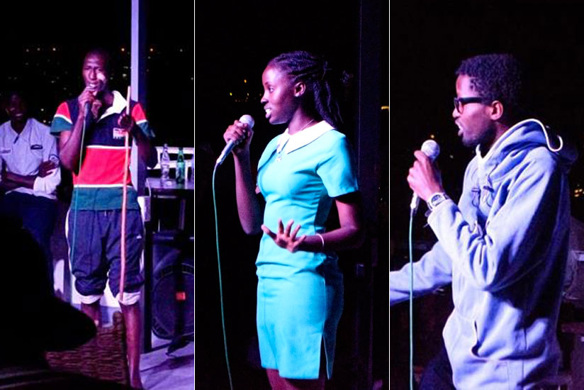 FROM LEFT: Gildas Niyomukiza, winner of the Kinyarwanda category on stage; Nizigama Ella Carmene emerged best in the English category; and Fefe Kalume, winner of the French categor....